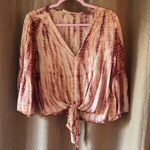 Lovestitch Tie-Front Boho Blouse in Metallic Gold, Ivory and Pink